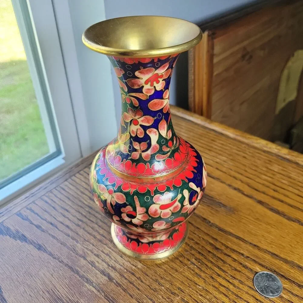 Vtg Chinese Cloisonne Enamel Vase Red Brass Floral Multicolor Flower Art 8